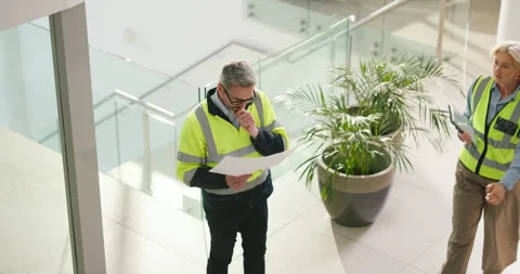 Architect, man or thinking with blueprint in building for renovation design, Stock Footage 316310717