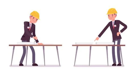 Architect man, professional creating design for buildings in blueprint Ilustración de archivo