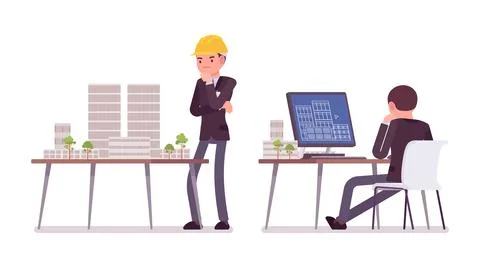 Architect man, professional creating design for buildings at work Ilustración de archivo