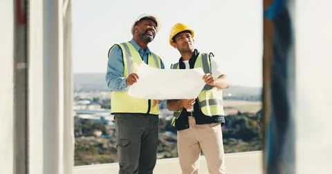 Architect, men and builder with blueprint on construction site for building Foto stock