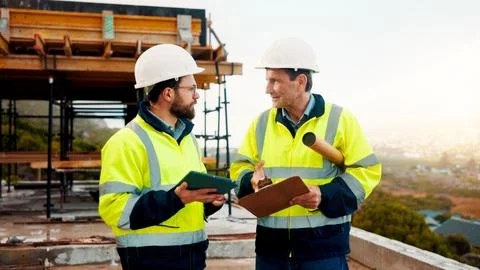 Architect, men and tablet with checklist for construction planning, project Stock Photos