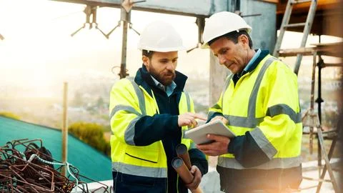 Architect, men or talk with tablet for construction planning, renovation project Stock Photos