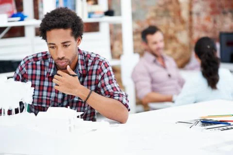 Architect, model and thinking with business man in office for renovation vi.. Stock Photos