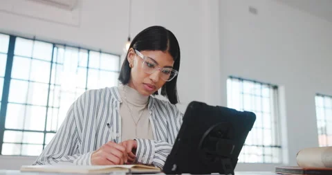 Architect, notebook or woman in workplace with tablet, design plan or draft of Stock Footage 341465582