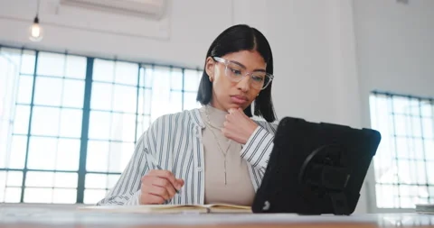 Architect, notes and woman in office with tablet, design planning and draft of Stock Footage 341479625
