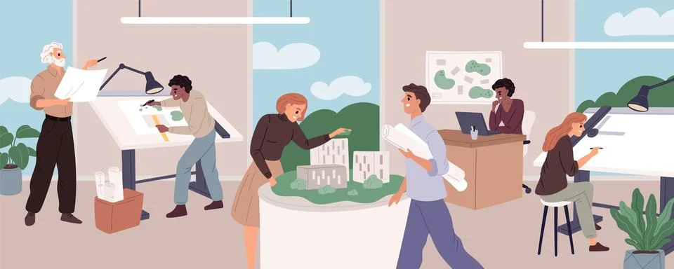 Architect office. Professionals work, workplaces with drawings, designs and Stock Illustration