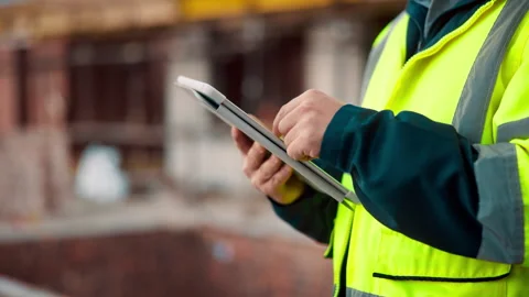 Architect, online and hands with tablet at construction site, research and Stock Footage 336202399