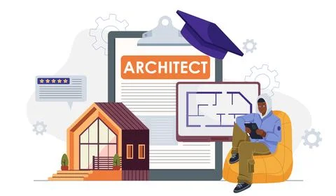 Architect online man. Young guy near blueprint and house. Structure of building Stock Illustration
