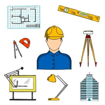 Architect or engineer with construction symbols Stock Illustration