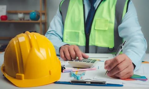 Architect or engineer sitting at desk in office, Cost calculation, Construc.. Stock Photos
