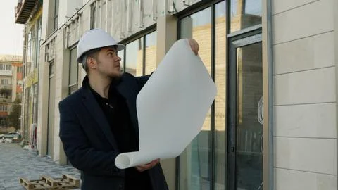 Architect or engineer studying a large blueprint near new modern building Stock Photos