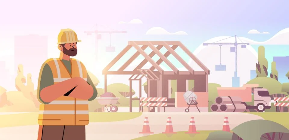 Architect or engineer in uniform standing near unfinished building construction 스톡 일러스트