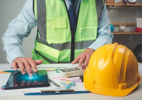 Architect or engineer using tablet to work on table, cost calculation, cons.. 스톡 사진