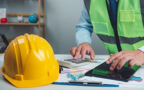 Architect or engineer using tablet to work on table, cost calculation, cons.. Stock Photos