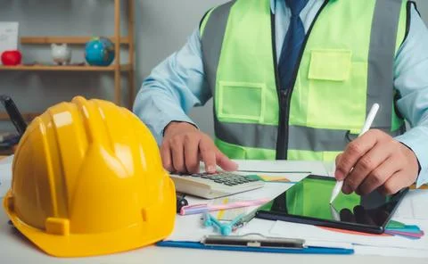 Architect or engineer using tablet to work on table, cost calculation, cons.. Stock Photos