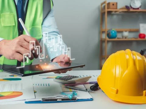 Architect or engineer using tablet to work on table, cost calculation, cons.. 스톡 사진