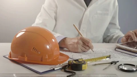 Architect or engineer working on blueprint and using tablet computer. Architects Stock Footage 81215972