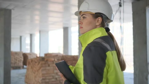 Architect or engineer working, browsing building project indoor of construction Stock Footage 113349285