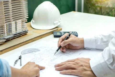 Architect or engineer working on table show work man Foto stock