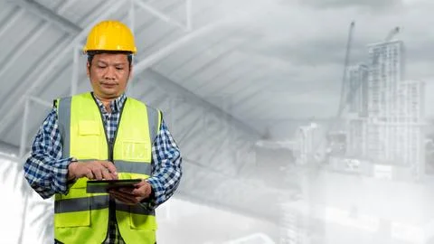 Architect or engineering and standing check the project standing on the bac.. Stock Photos