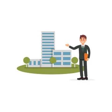 Architect or sales manager presenting new building project vector Illustration Ilustración de archivo