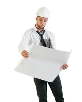Architect or structural engineer with site plans in a hard hat. Stock Photos