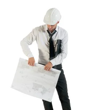 Architect or structural engineer with site plans in a hard hat. Stock Photos