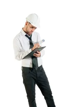 Architect or structural engineer with site plans in a hard hat. Stock Photos