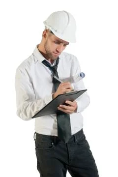 Architect or structural engineer with site plans in a hard hat. Stock Photos
