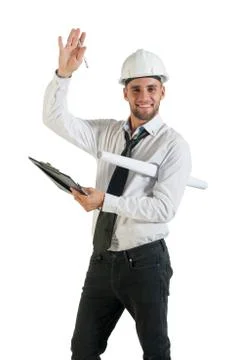 Architect or structural engineer with site plans in a hard hat. Foto stock