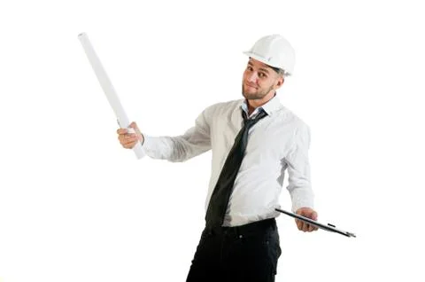 Architect or structural engineer with site plans in a hard hat. Stock Photos