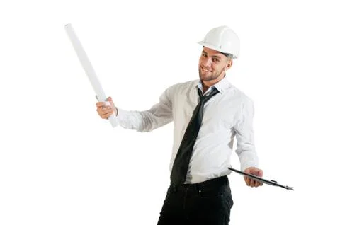 Architect or structural engineer with site plans in a hard hat. Stock Photos