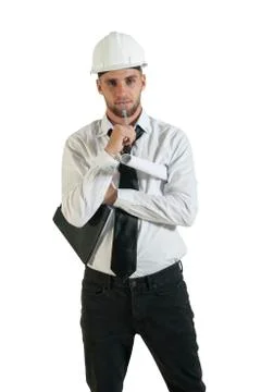 Architect or structural engineer with site plans in a hard hat. Stock Photos