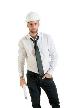 Architect or structural engineer with site plans in a hard hat. Foto stock