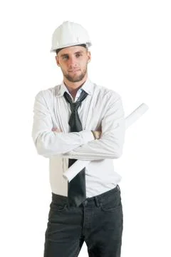Architect or structural engineer with site plans in a hard hat. Stock Photos