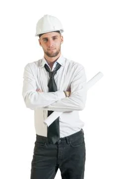 Architect or structural engineer with site plans in a hard hat. Stock Photos