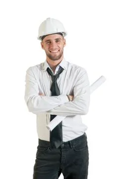 Architect or structural engineer with site plans in a hard hat. Stock Photos