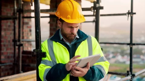 Architect, outdoor and man with tablet at building site, search and safety Stock Footage 336193198