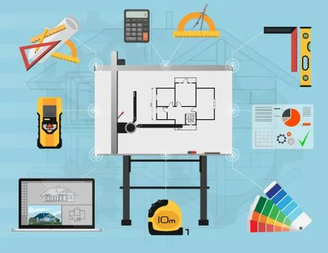 Architect Panel board planning and creating process with proffesional tools Illustrazione stock