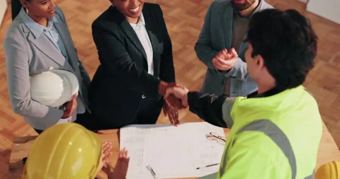 Architect, people and applause with handshake for construction deal, agreement Stock Footage 341568102