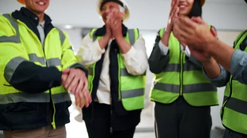 Architect, people and hand stack for construction, motivation and celebration Stock Footage 341552930