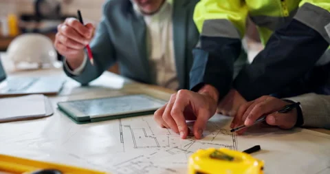 Architect, people or hands with blueprint for construction planning, building Stock Footage 338051491
