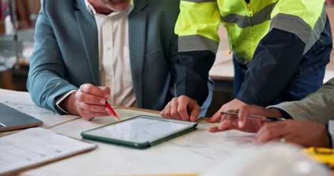 Architect, people or hands with tablet screen for construction planning, Stock Footage 338046389