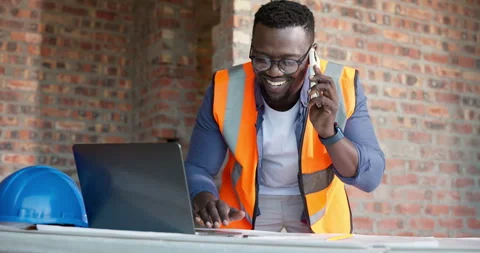Architect, phone call and blue print with black man in building for structure Stock Footage 337548468