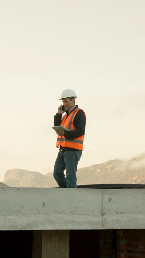 Architect, phone call and tablet with man on rooftop for property, engineer or Stock Footage 340966010
