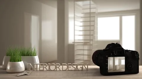 Architect photographer designer desktop concept, camera on wooden work desk w Illustrazione stock