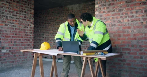 Architect, plan and men with laptop on construction site, teamwork or ideas for Stock Footage 337016581