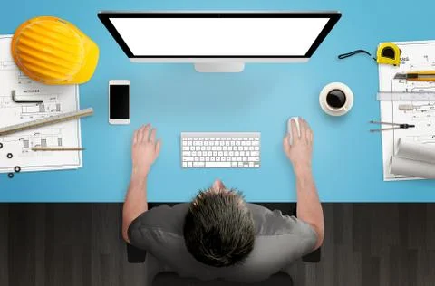 Architect plan a house on computer. Top view of desk construction and drawing Stock Photos