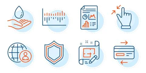 Architect plan, Report document and Column diagram icons set. Vector Stock Illustration
