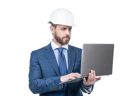 Architect planning work. chief engineer in hardhat use computer. mature ceo Stock Photos